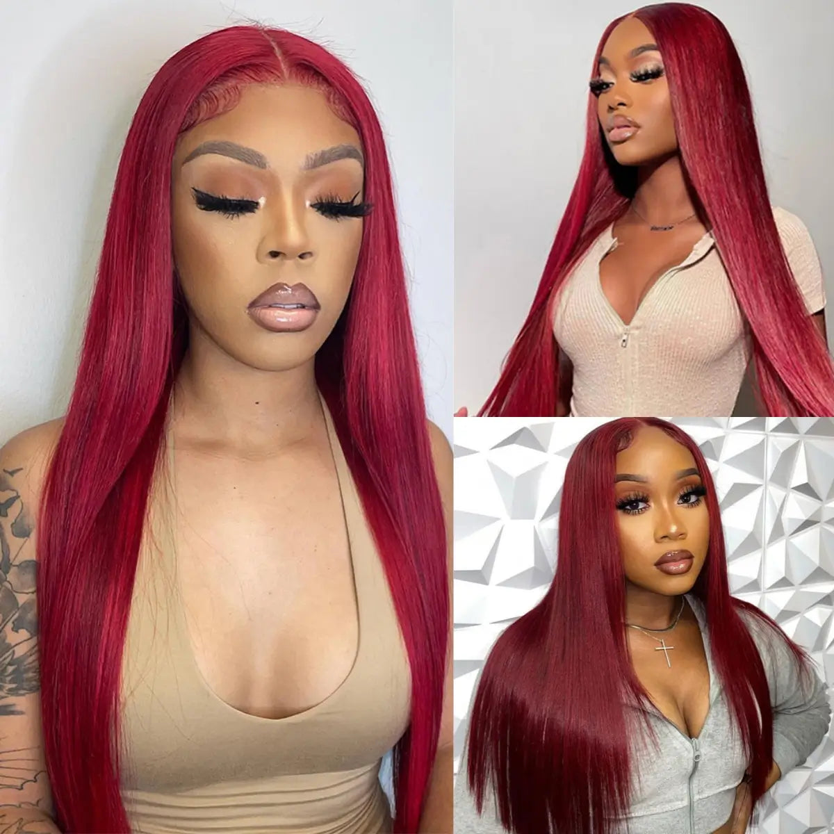 99j Burgundy Straight Lace Front Wig For Women Transparent Lace Colored Red Human Hair