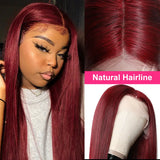 99j Burgundy Straight Lace Front Wig For Women Transparent Lace Colored Red Human Hair