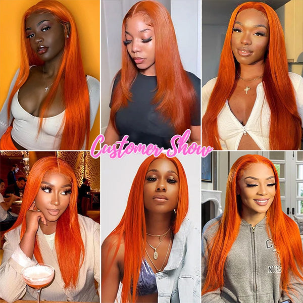 Ginger Orange Straight Human Hair Lace Part Wigs for Sale